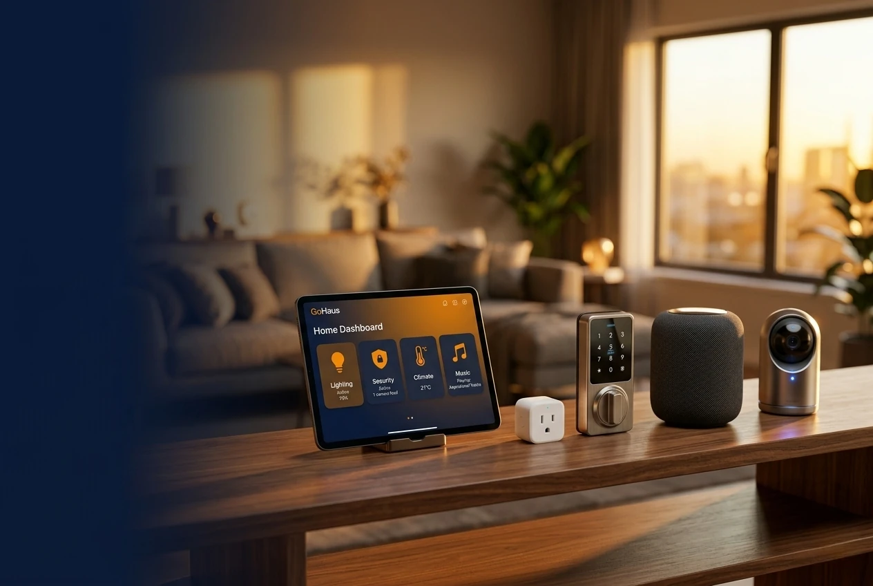 GoHaus smart home dashboard, smart lock, plug, and speaker on a table